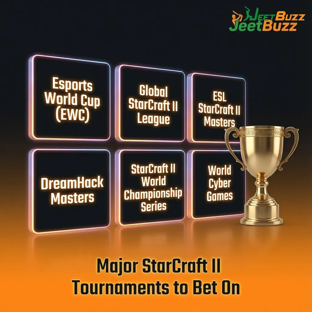 StarCraft II esports betting graphic showing major tournaments like EWC, GSL, ESL Pro Tour on Jeetbuzz