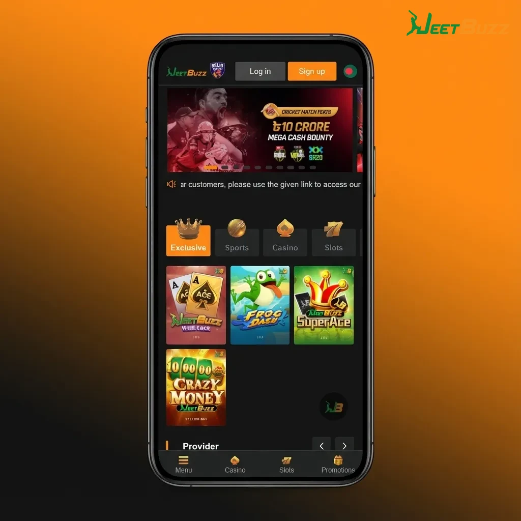 Jeetbuzz mobile interface showing large buttons and quick-access tabs for sports, casino, live casino, and promotions.