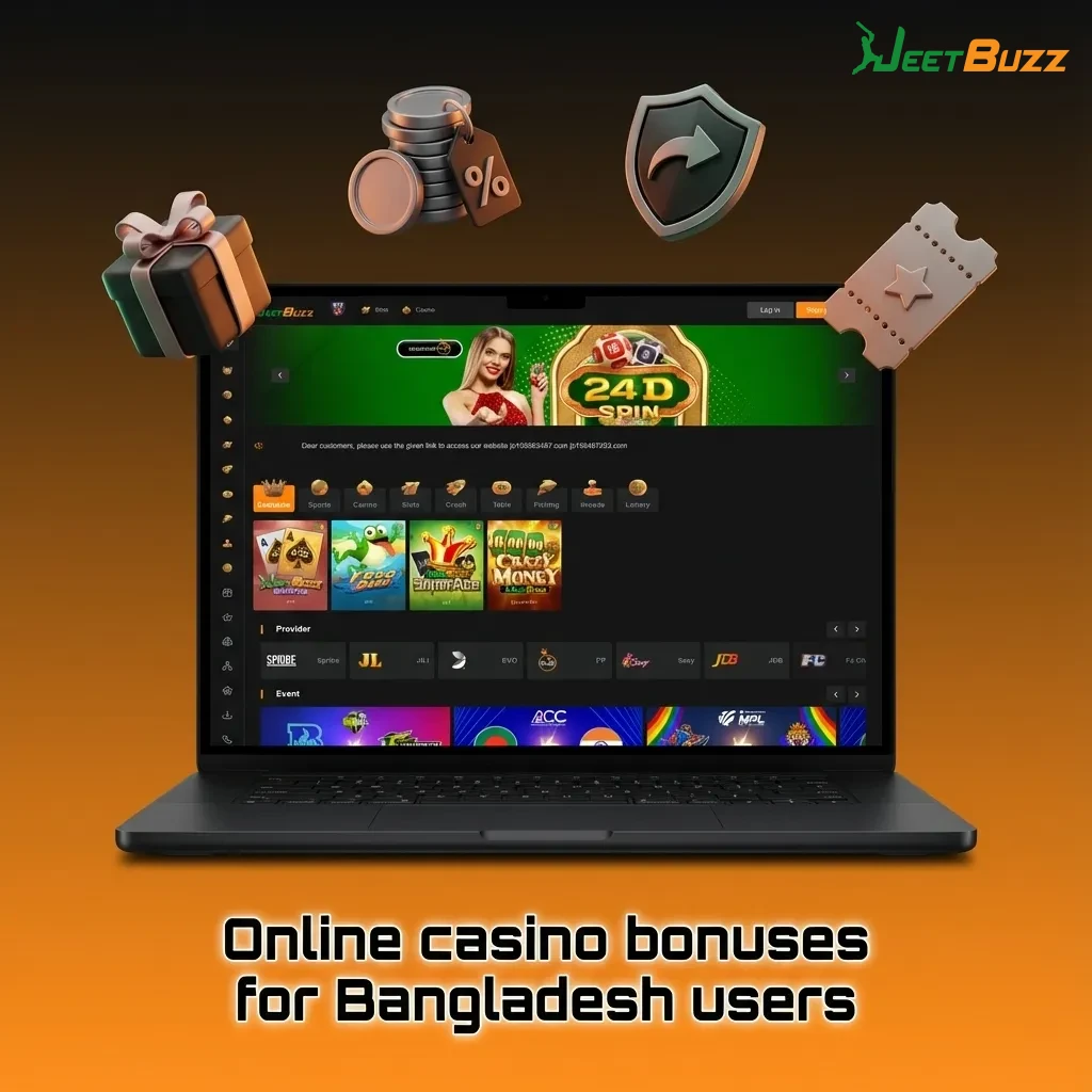 Bangladesh online casino promo banner highlighting free spins, cashback, reload bonuses, and lottery-style prize draws