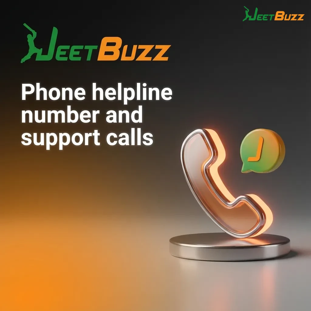 Illustration of a customer calling a Jeetbuzz helpline, with 24/7 phone support icons and a support agent wearing a headset