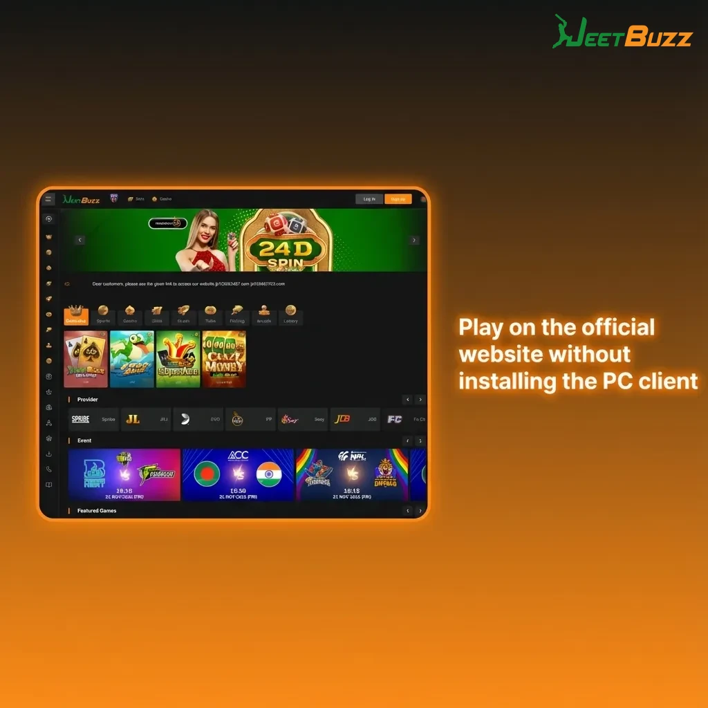 Person using Jeetbuzz betting website on a desktop browser with casino games and sports markets visible