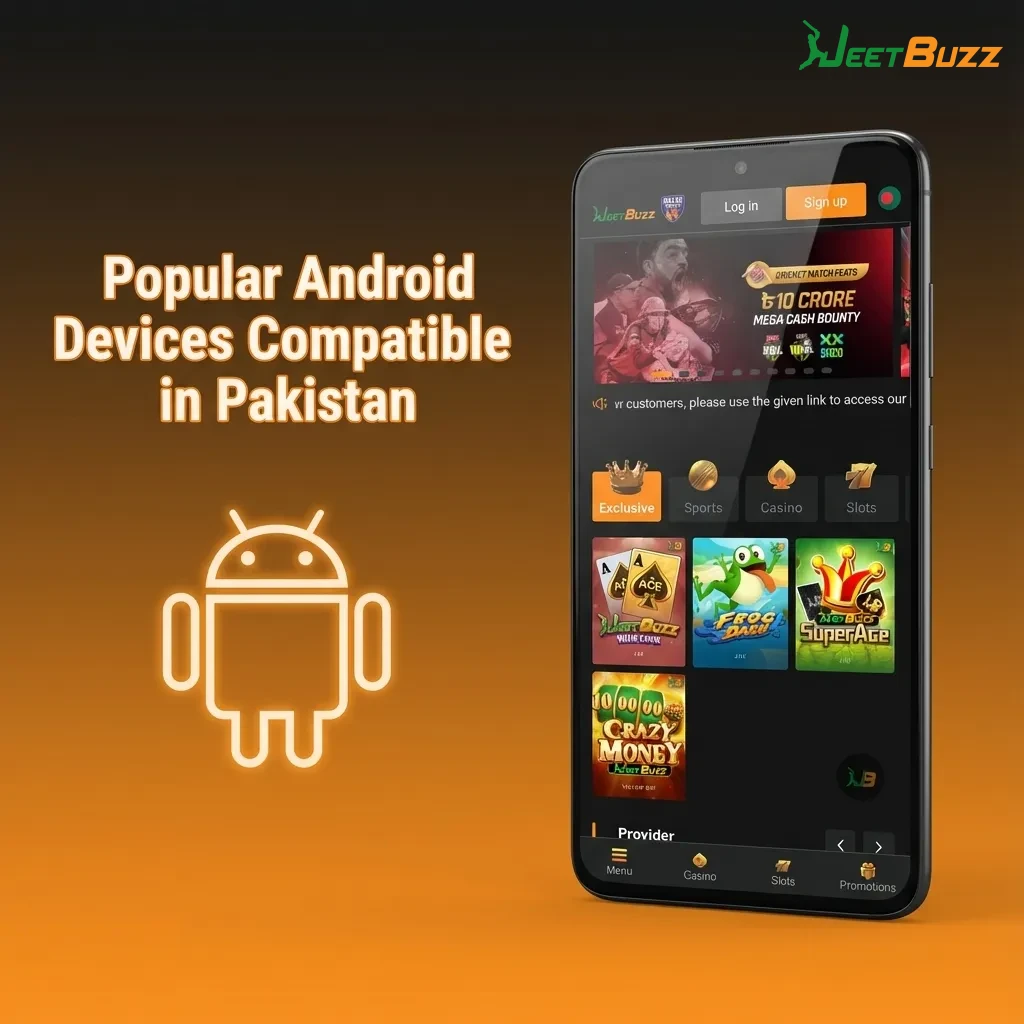 Infographic listing popular Android phones in Pakistan compatible with the Jeetbuzz betting and casino APK