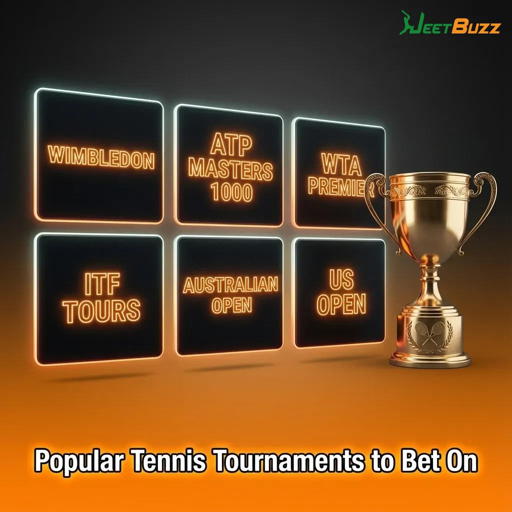 Graphic titled “Popular Tennis Tournaments to Bet On” showing icons for Grand Slams and global tennis tours on varied court surfaces
