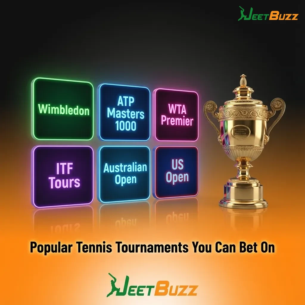Graphic highlighting Jeetbuzz tennis betting with icons for Grand Slams, ATP, WTA, and team tournaments