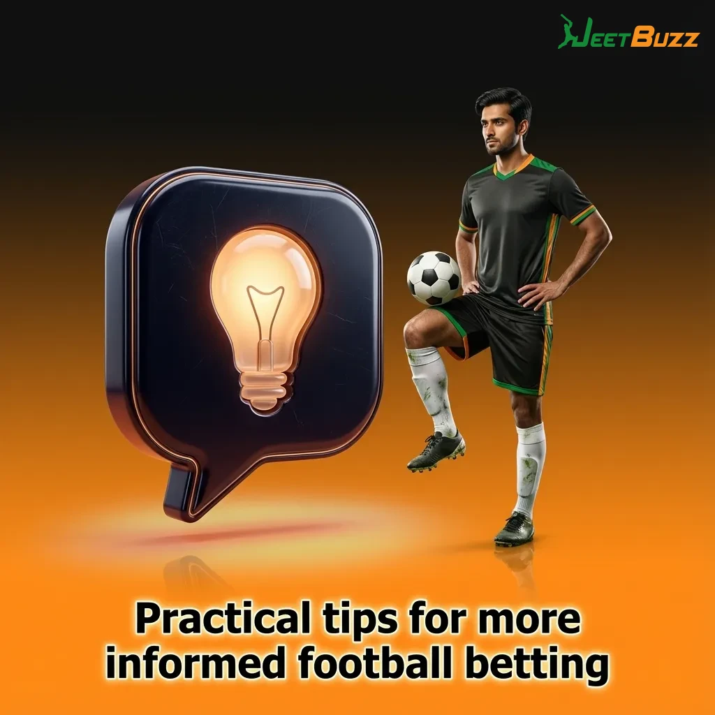 Infographic titled “Practical tips for more informed football betting” with icons and brief strategy points around a football pitch