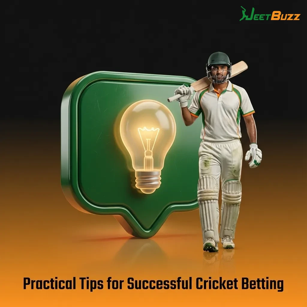 Illustrated guide to smart cricket betting tips with icons for stats, pitch conditions, bankroll, and online tools