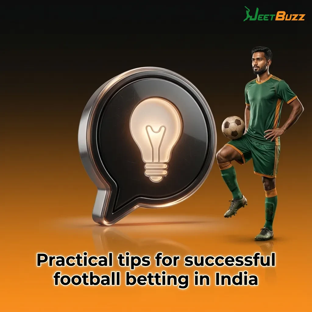 Graphic listing practical, disciplined football betting tips in India with icons for stats, odds, bankroll, and records