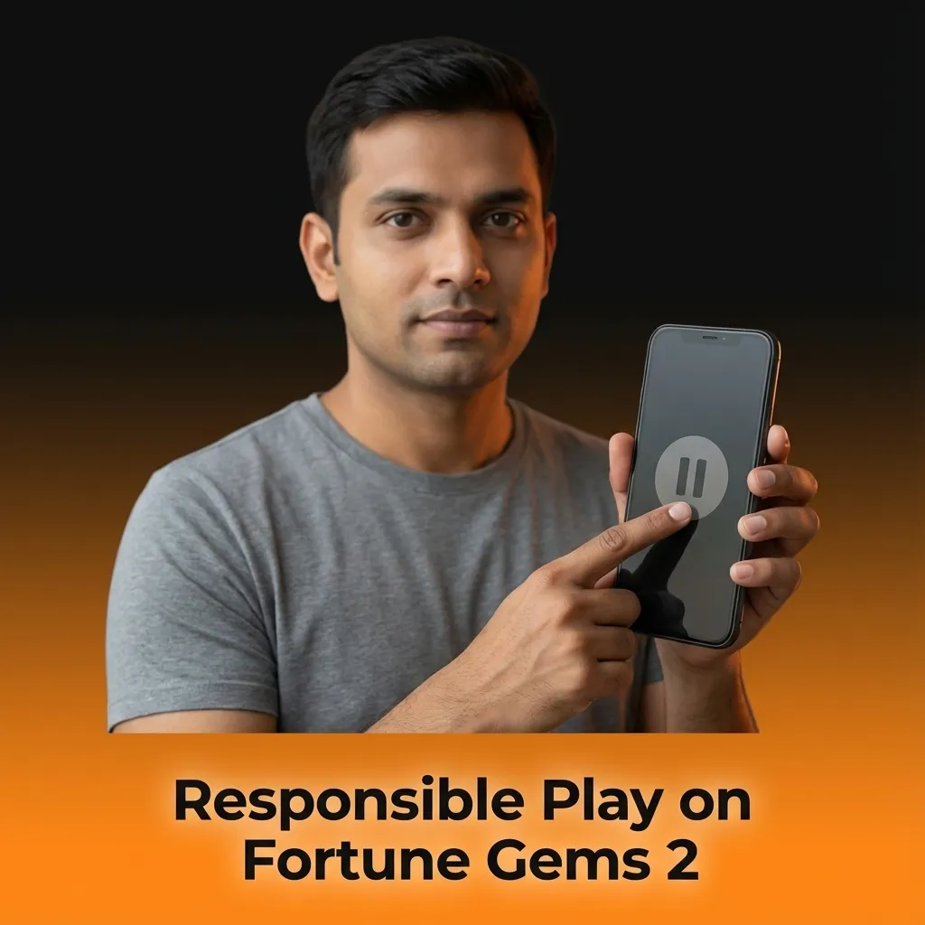 Illustration promoting responsible play in Fortune Gems 2 with budget limits, risk warnings, and mental health support reminders