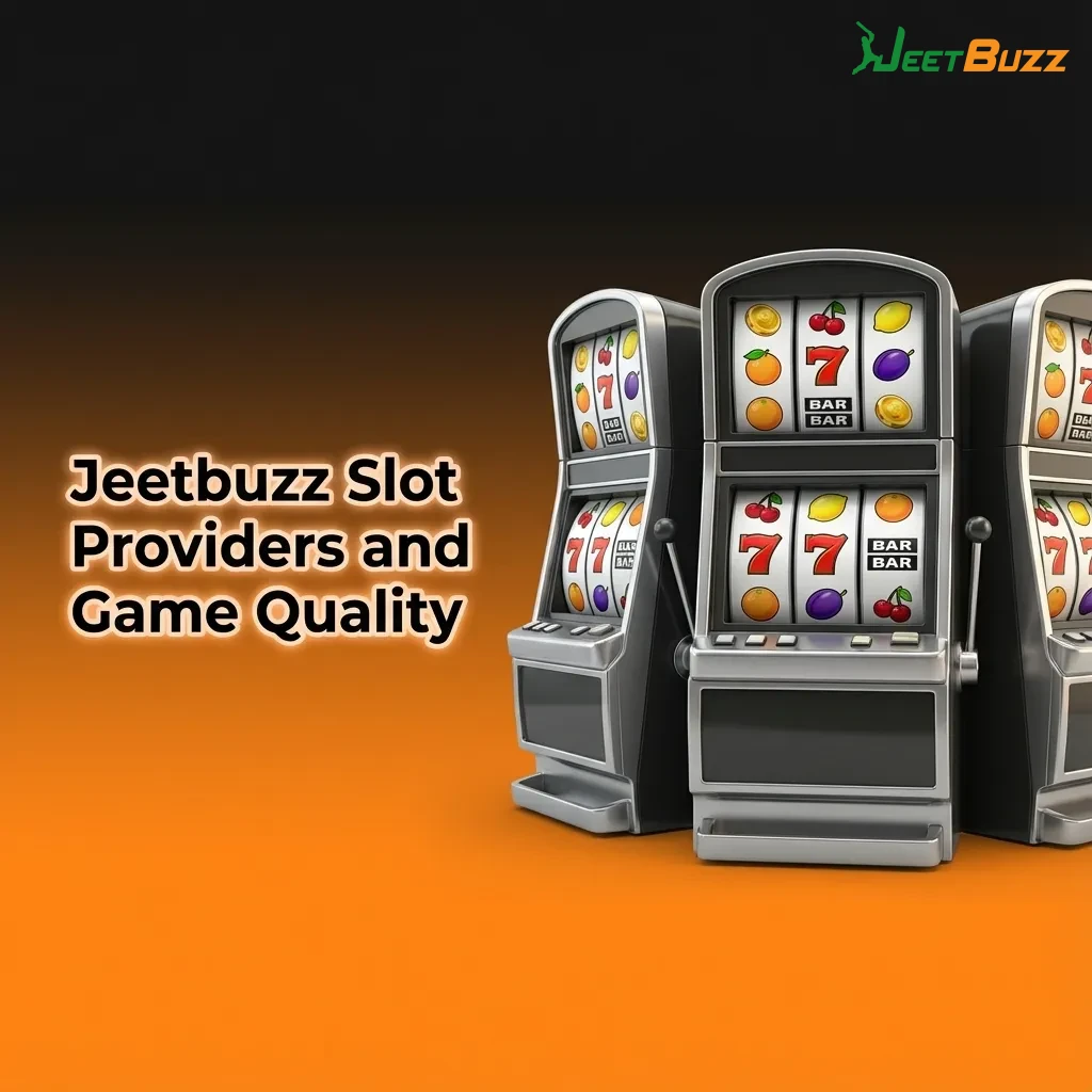 Infographic showing Jeetbuzz slot providers list with game counts and text on variety, graphics, volatility, and RTP.