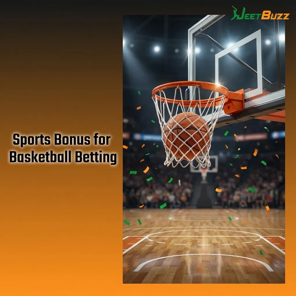 Sports welcome bonus for Jeetbuzz basketball betting, showing first deposit match terms, rollover rules, and eligible markets