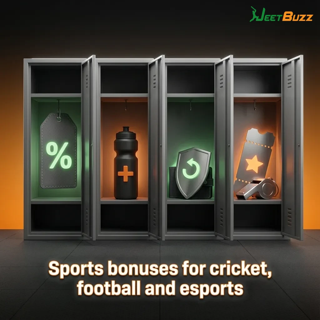 Colorful promo banner showing cricket, football and esports with text about refunds, reload bonuses and boosted accumulator bets