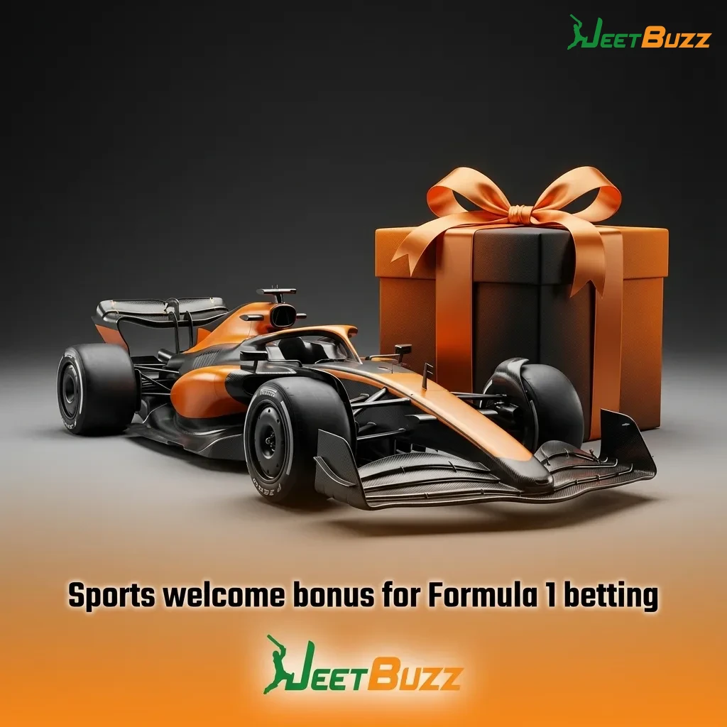 Banner promoting Jeetbuzz F1 betting welcome bonus in Bangladeshi Taka with racing car and bonus percentage graphics