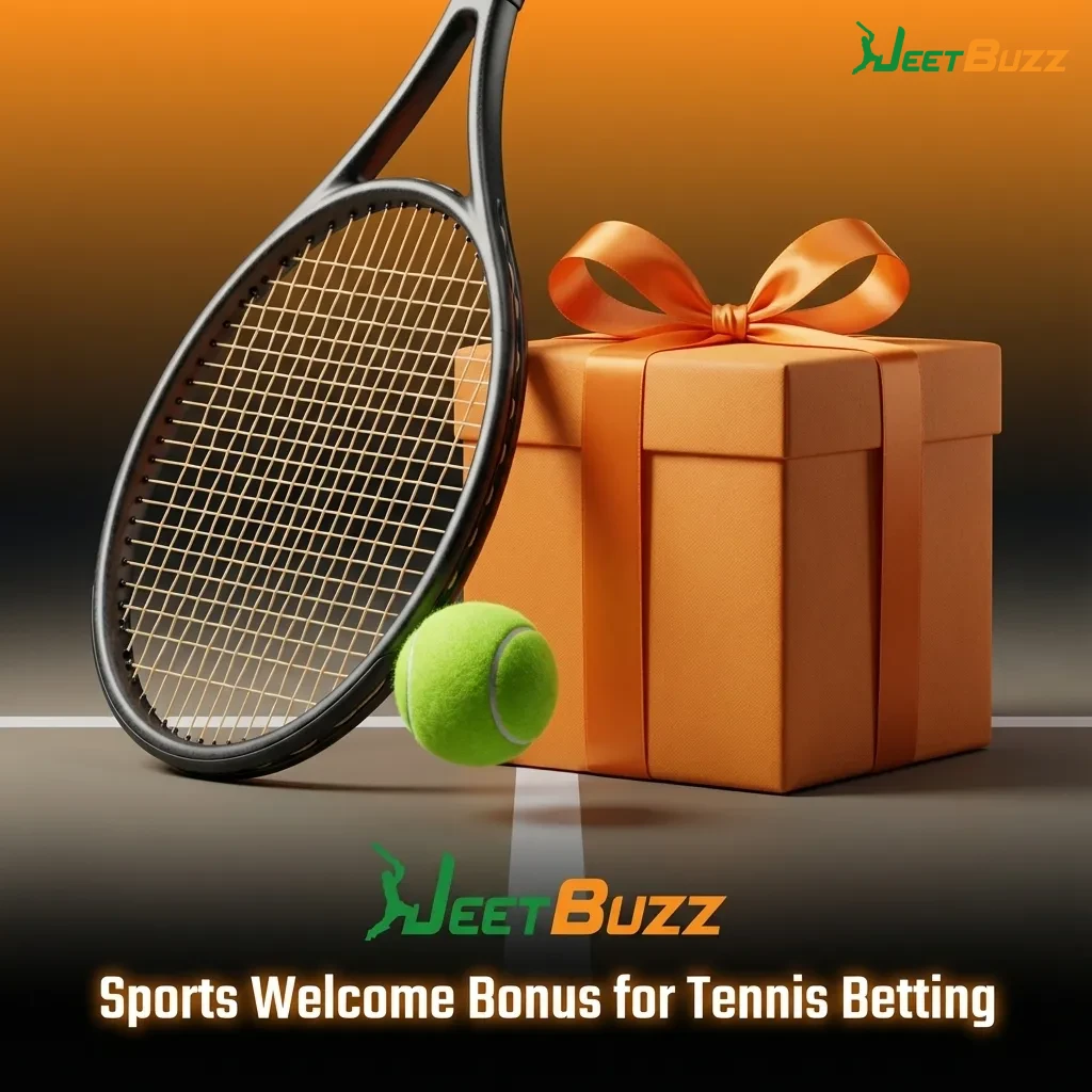 Jeetbuzz sports welcome bonus banner featuring tennis betting promo details and a tennis ball on a court
