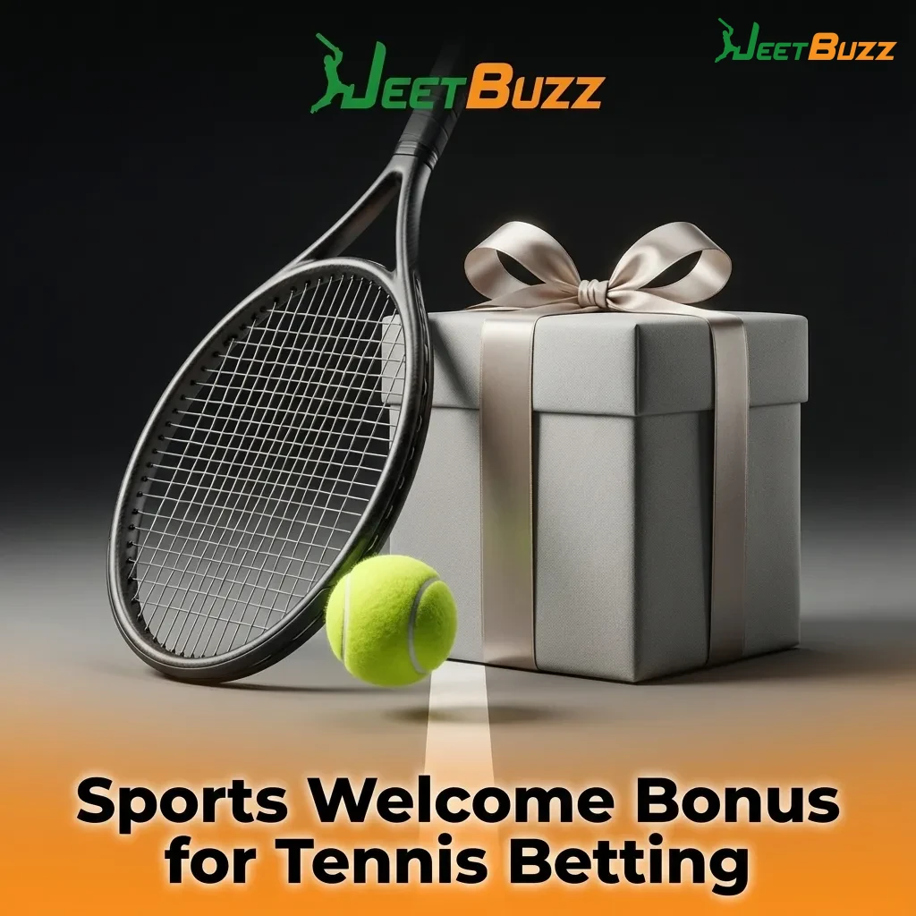 Jeetbuzz tennis welcome bonus promotion banner with tennis ball, court background and bonus percentage for new sports bettors