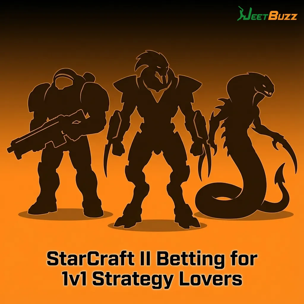 StarCraft II match screen with Terran vs Zerg armies clashing, overlaid with Jeetbuzz betting odds and markets