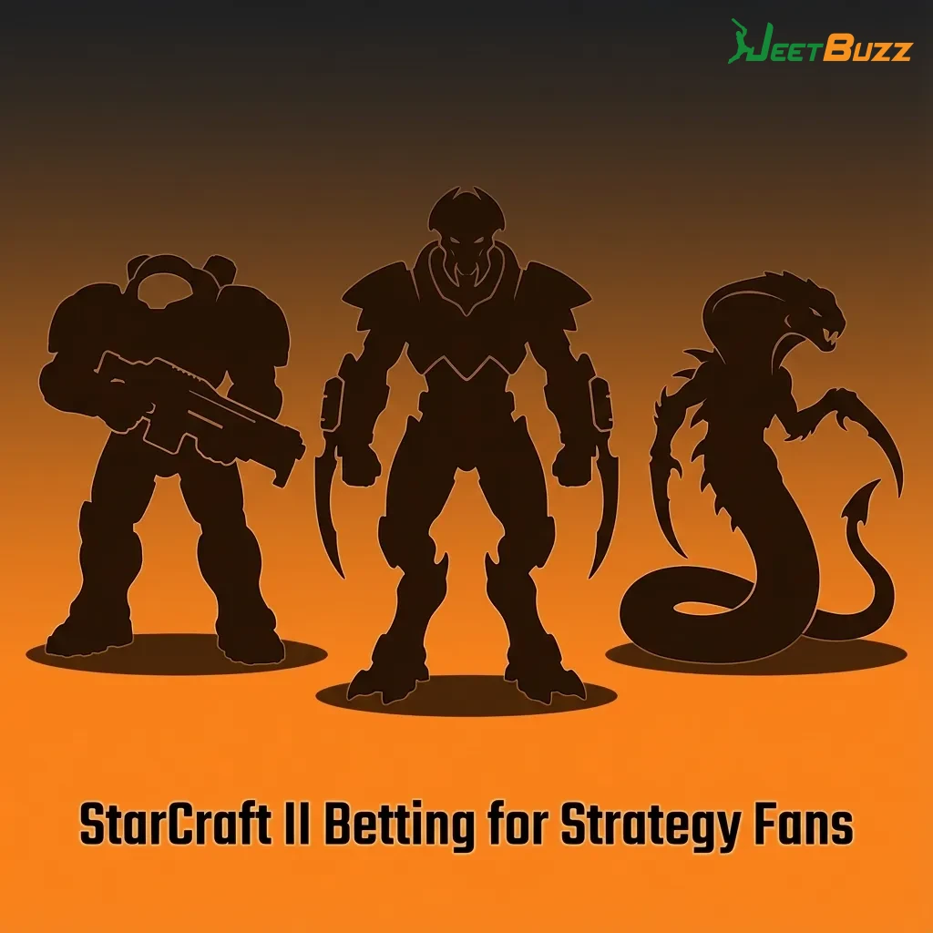 StarCraft II Terran, Zerg, and Protoss armies clash with Jeetbuzz esports betting odds highlighted on screen
