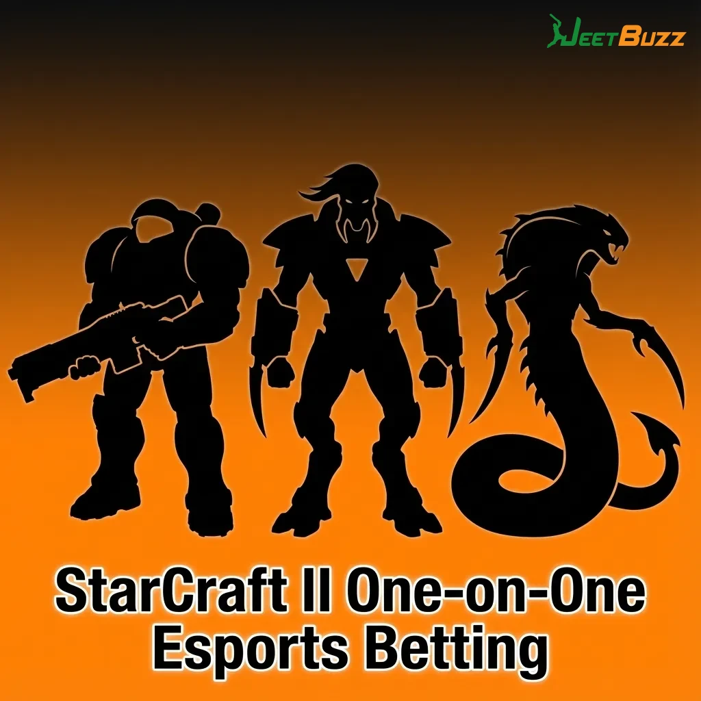 StarCraft II esports betting graphic showing Terran, Zerg, Protoss armies and one-on-one tournament match wagering options