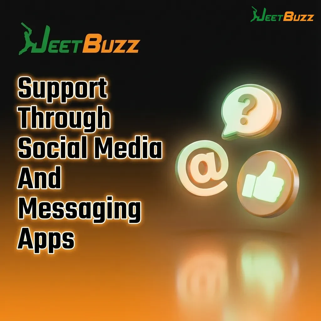 Smartphone showing WhatsApp, Telegram, Messenger and Twitter icons for contacting Jeetbuzz customer support