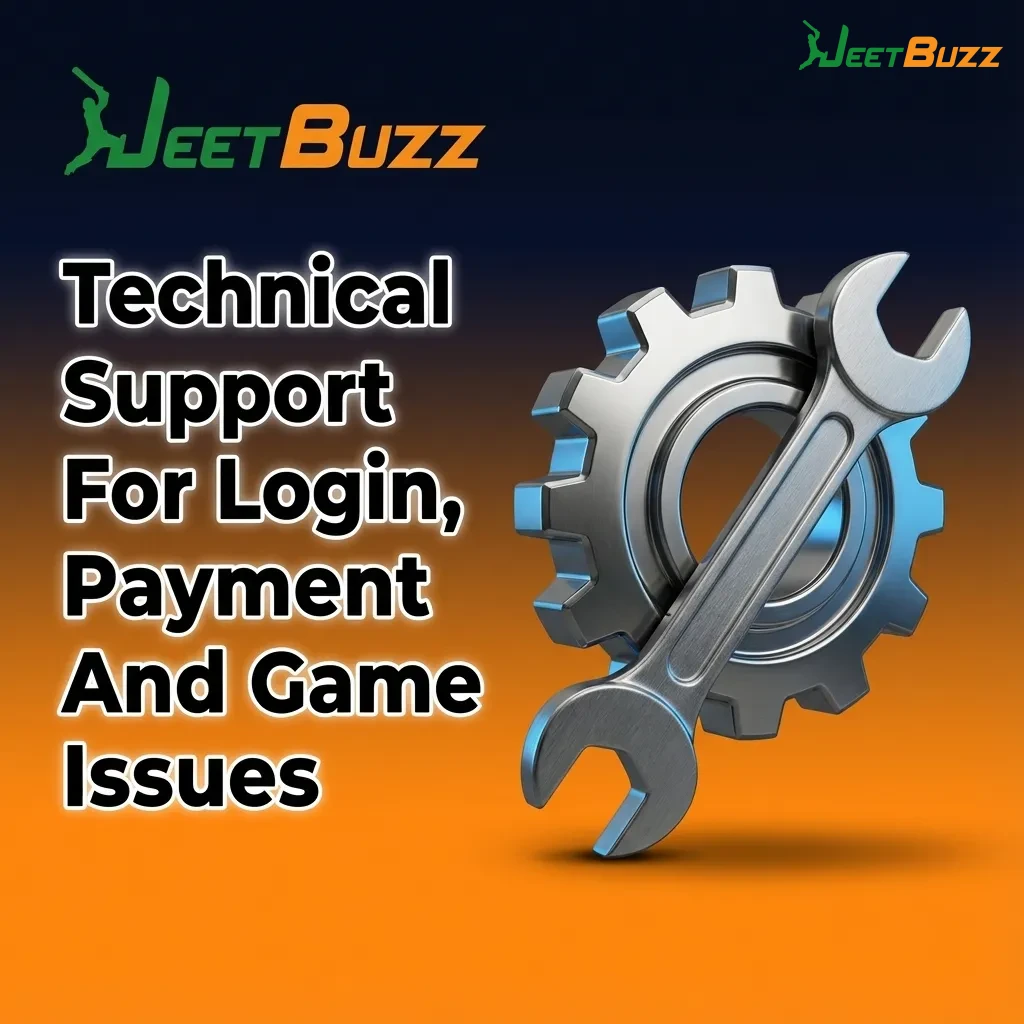 Graphic titled “Technical Support for Login, Payment and Game Issues” with icons for chat, email, phone, and gaming errors.