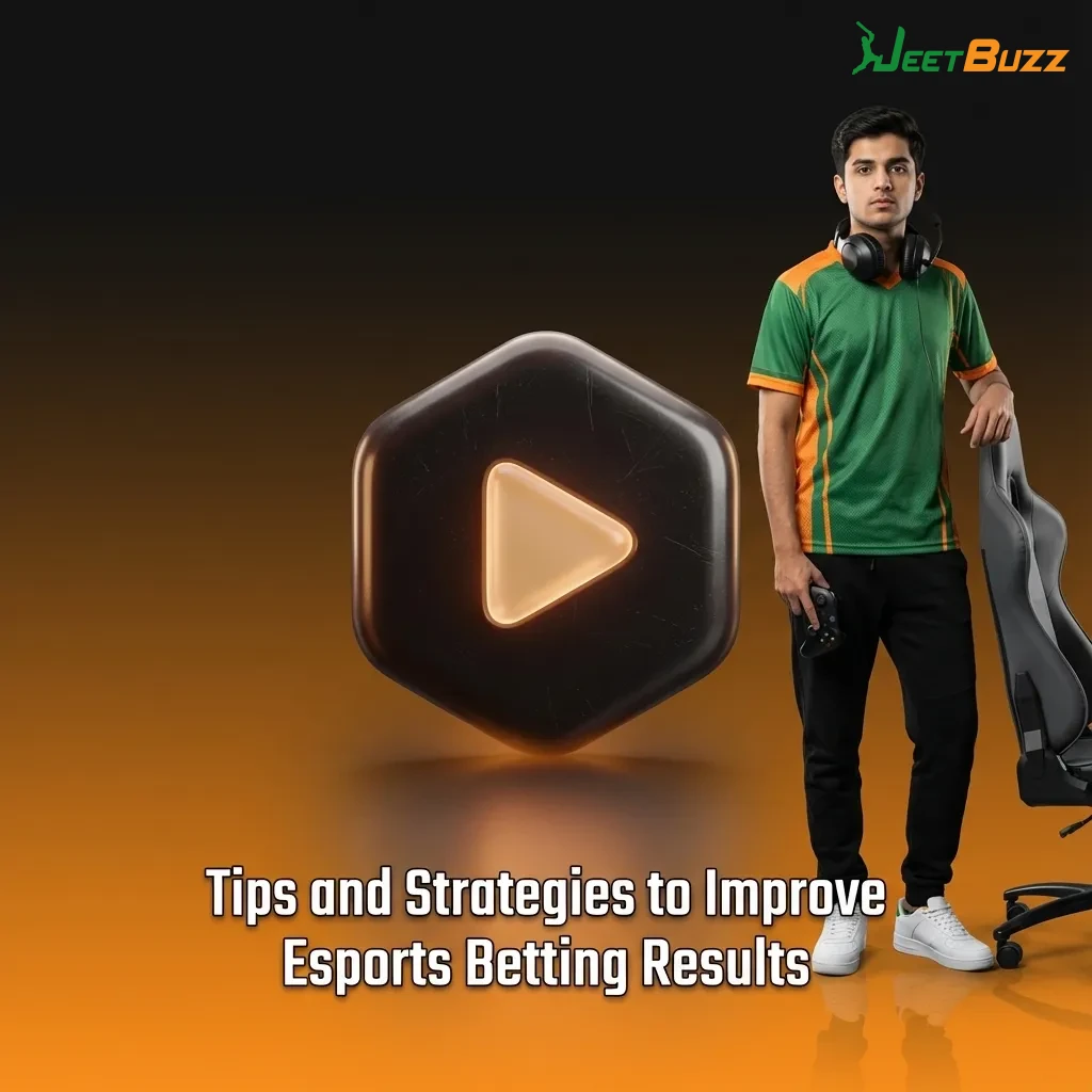 Infographic titled “Tips to Improve Esports Betting” with icons and bullet points on bankroll, research, and avoiding tilt