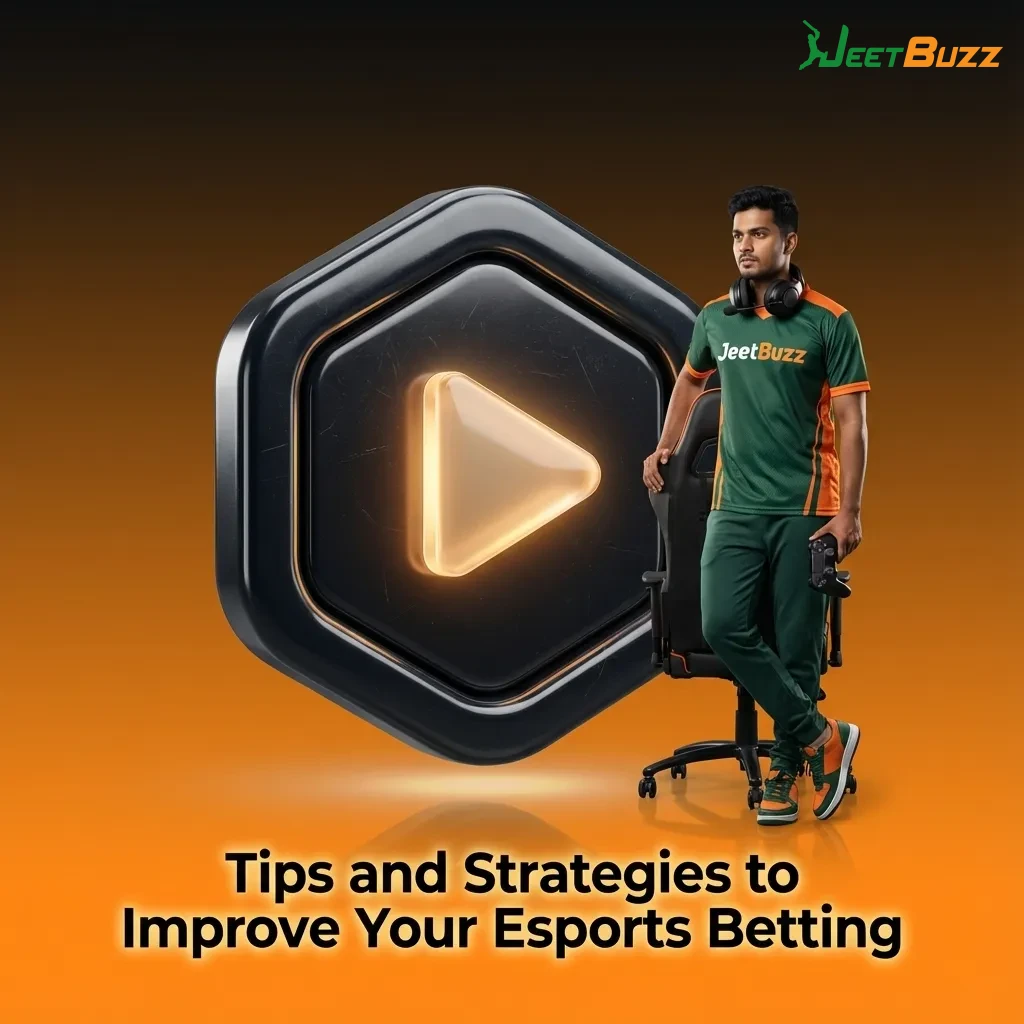 Infographic of Jeetbuzz esports betting tips with icons and text on bankroll, research, odds, and emotional control