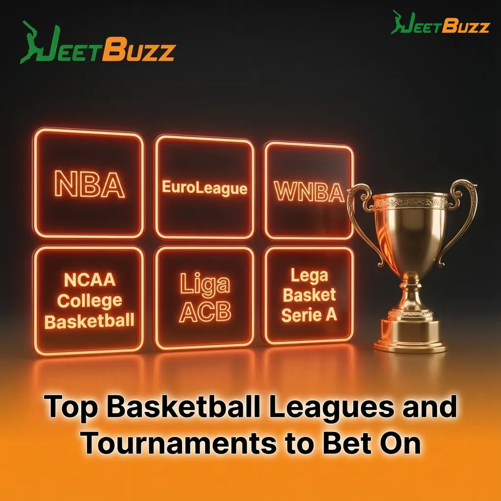 Illustration of global basketball leagues and tournaments with betting icons and overlapping logos like NBA, EuroLeague, FIBA, Olympics