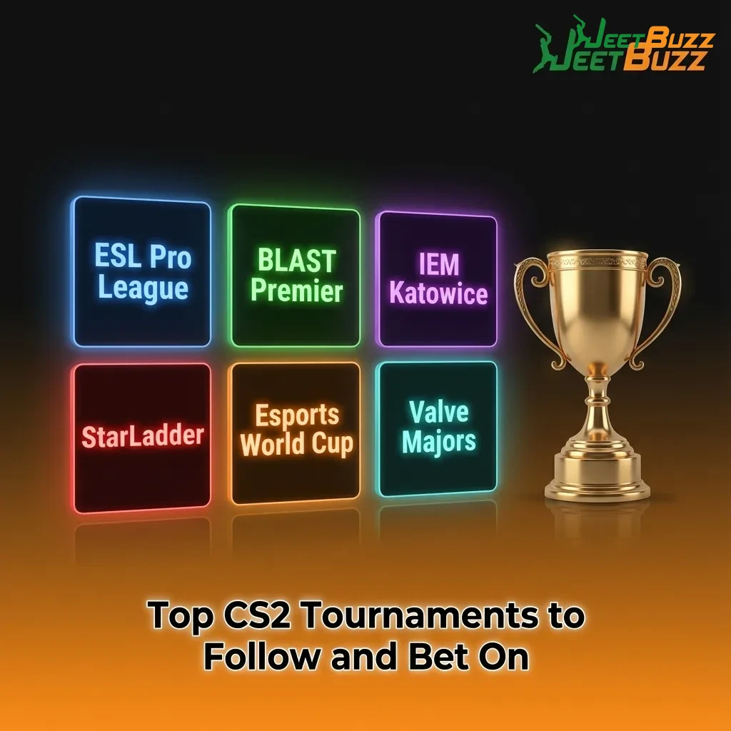 Graphic listing top CS2 tournaments like ESL Pro League, BLAST Premier, IEM Katowice, Valve Majors and more for betting fans