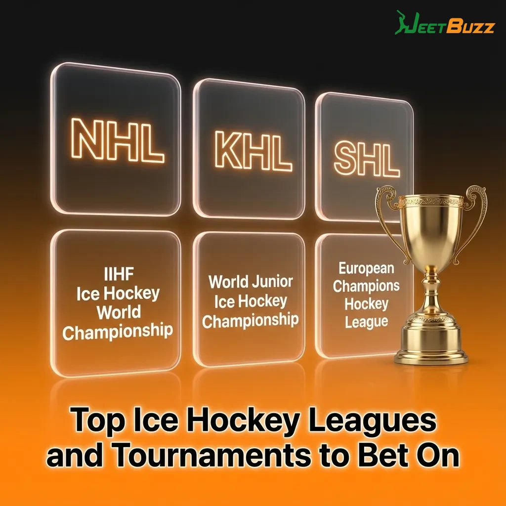 Graphic listing top global ice hockey leagues and tournaments to bet on, including NHL, KHL, SHL, Liiga, CHL, Worlds, Olympics