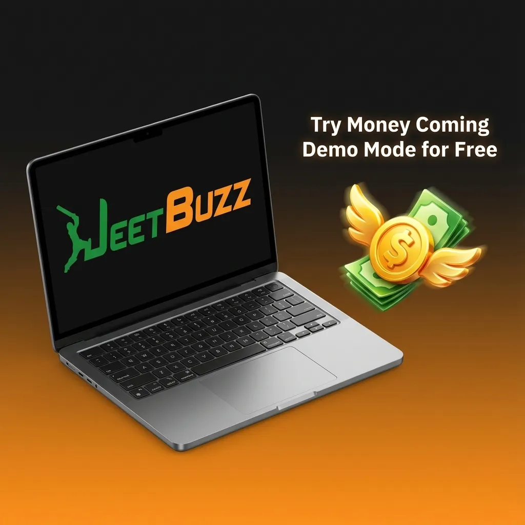 Laptop screen showing Money Coming crash game demo mode with virtual balance, auto cashout, and stats visible