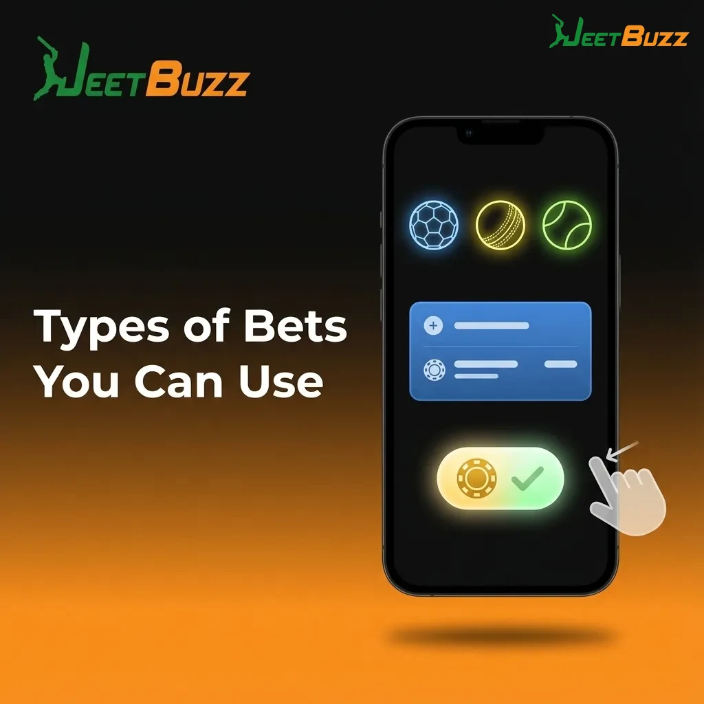 Graphic showing three bet types on Jeetbuzz: Single, Express (accumulator), and System, with brief risk and payout notes