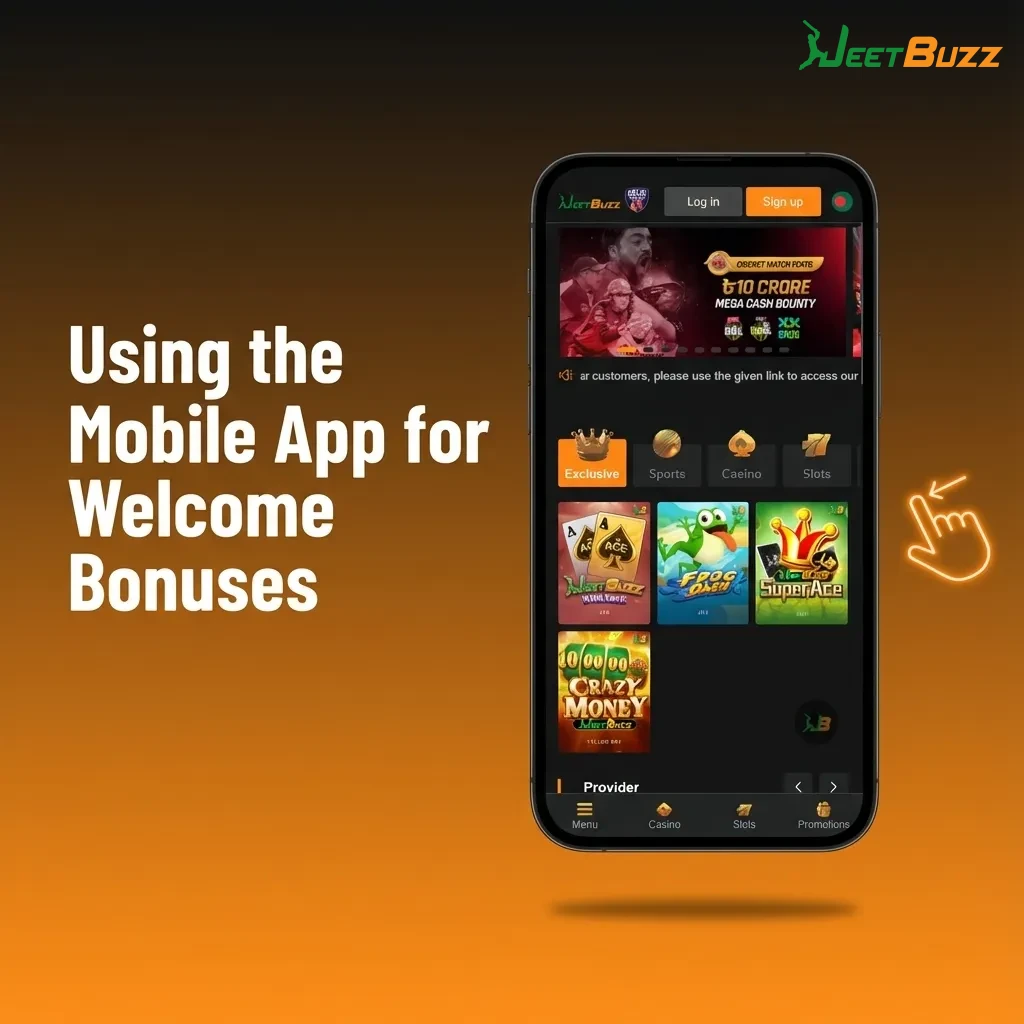 Person using Jeetbuzz mobile app to register, deposit, and claim a welcome bonus on a smartphone