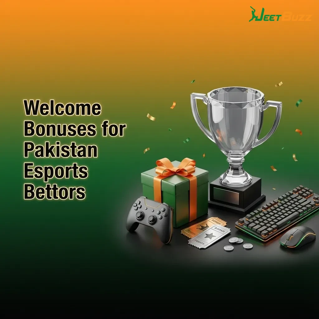 Banner promoting welcome bonuses for Pakistan esports bettors, including spins, cashback, and sports refund offers