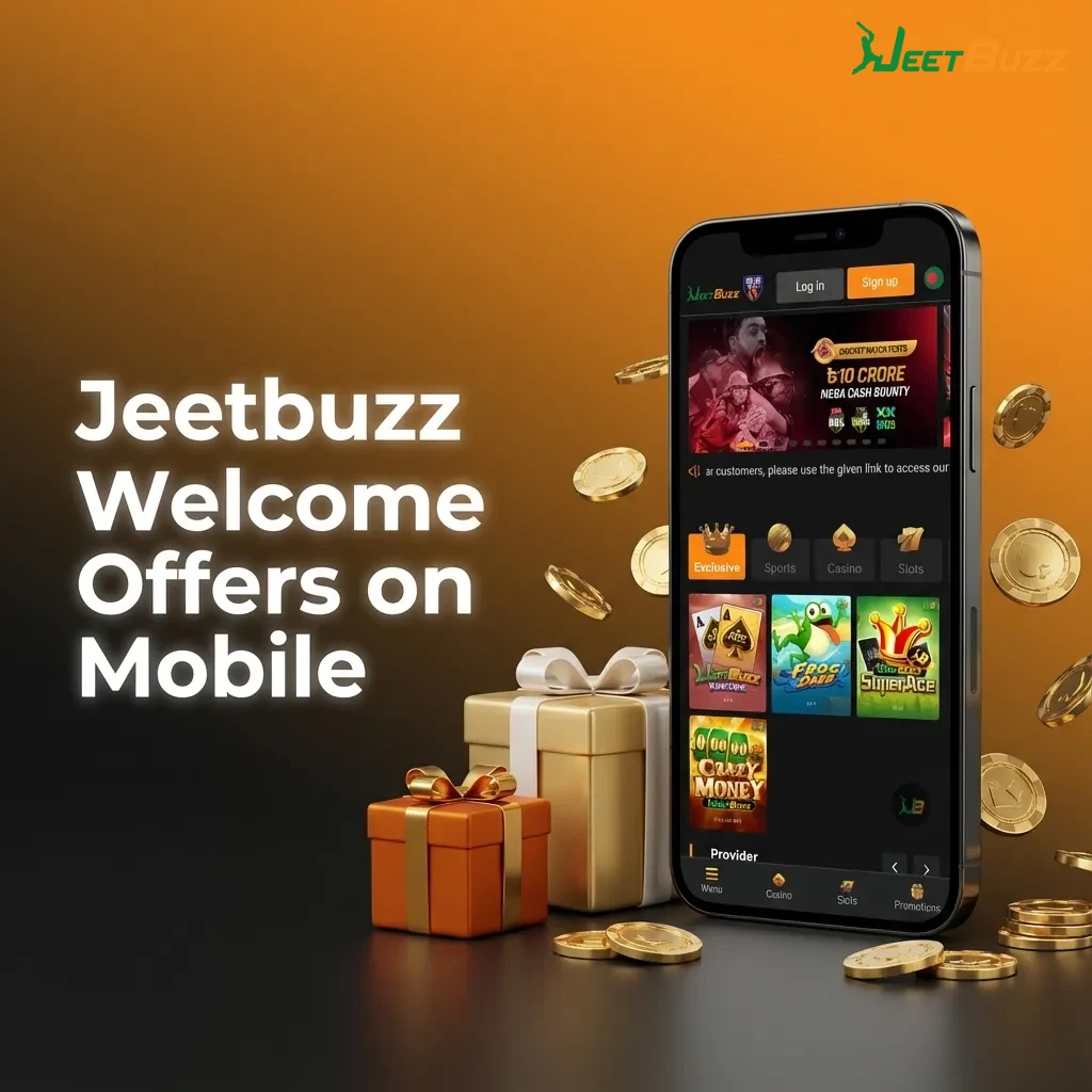 Mobile screen showing Jeetbuzz welcome offers: free spins, 25% live casino cashback, and 50% sports refund for Bangladesh players