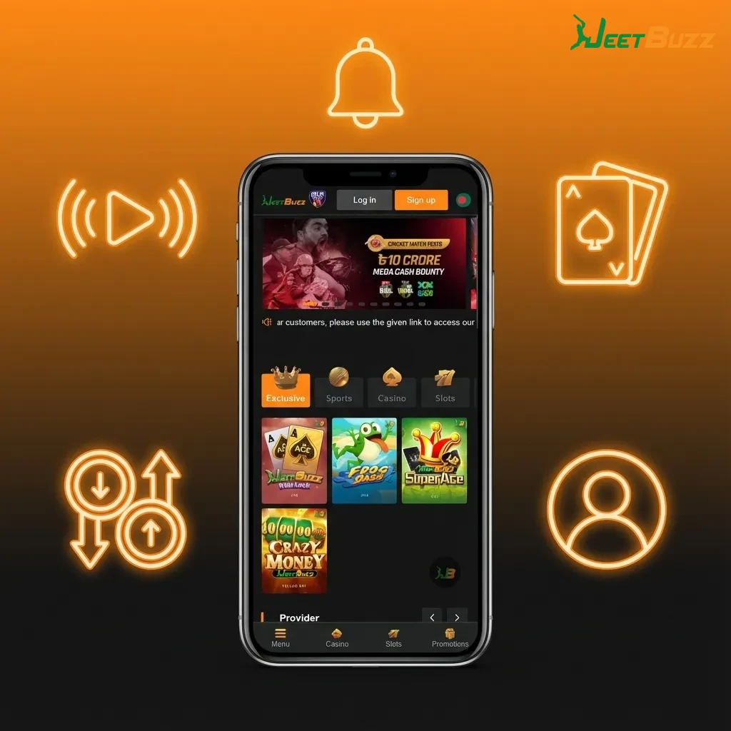 Illustrated Jeetbuzz mobile app screens showing sports betting, live casino, UPI deposits, withdrawals, and account controls