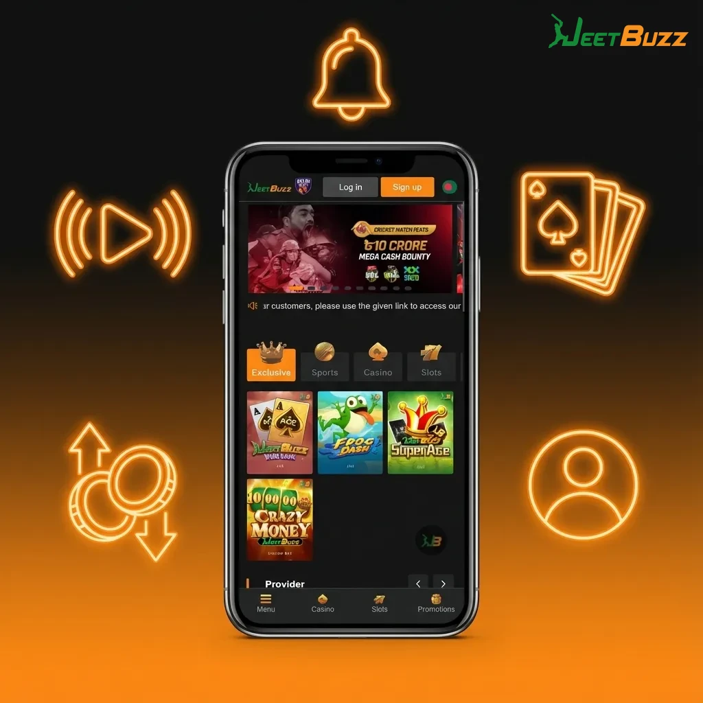 Jeetbuzz India mobile app screen showing INR betting, UPI payments, bonuses, live sports, and casino games like Teen Patti