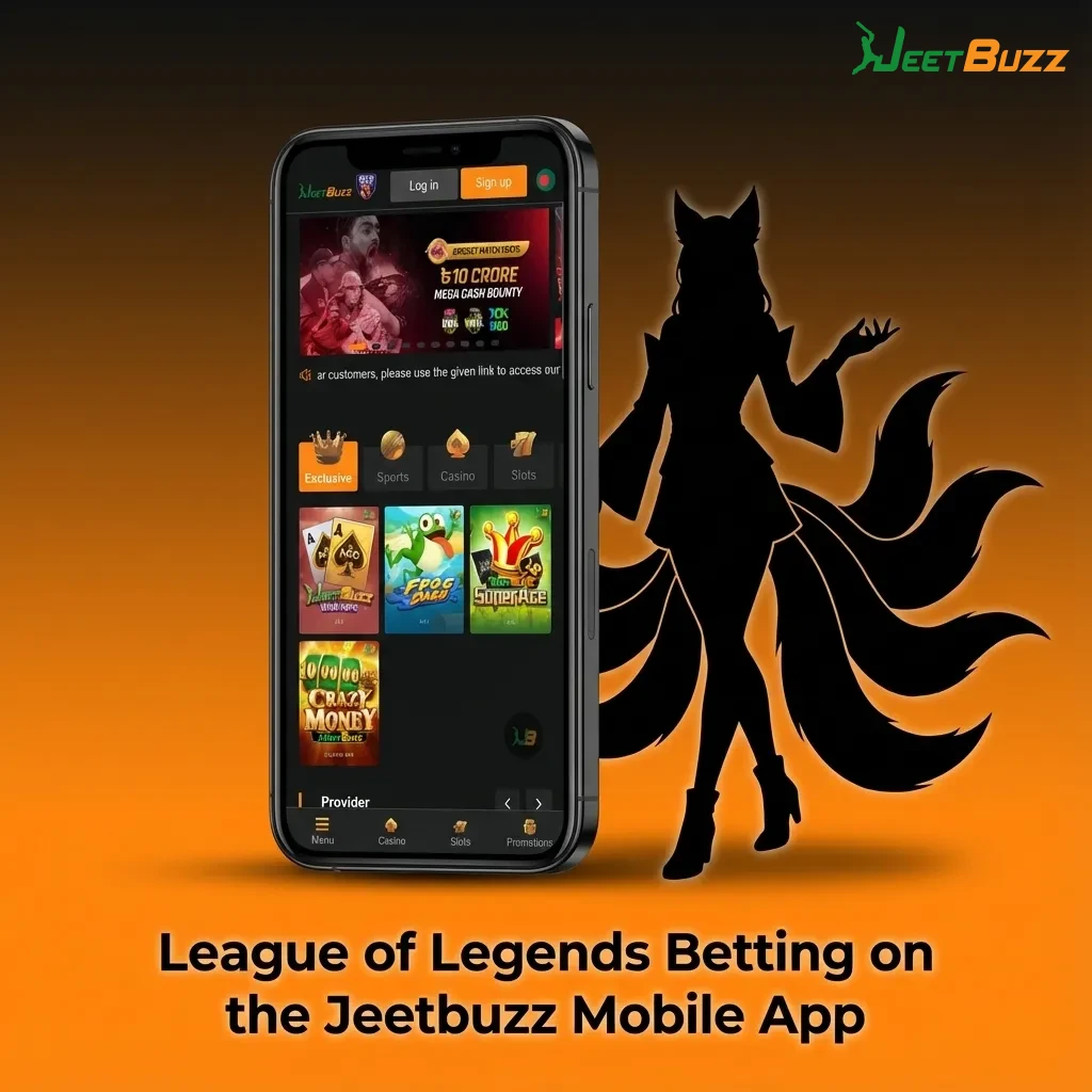 Smartphone showing Jeetbuzz app with live League of Legends betting odds and esports match markets