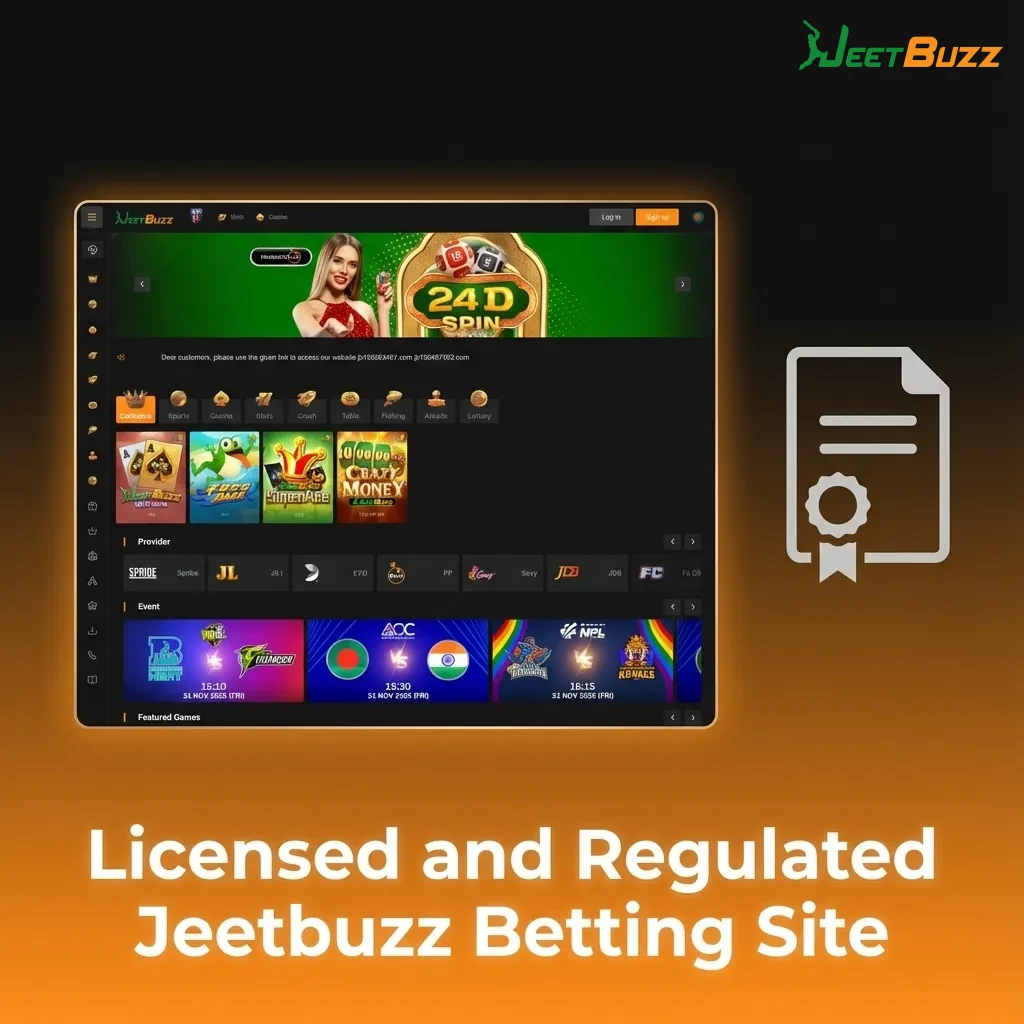 Jeetbuzz betting site homepage with 2020 offshore licence badge, highlighting audits, security, and responsible gaming.