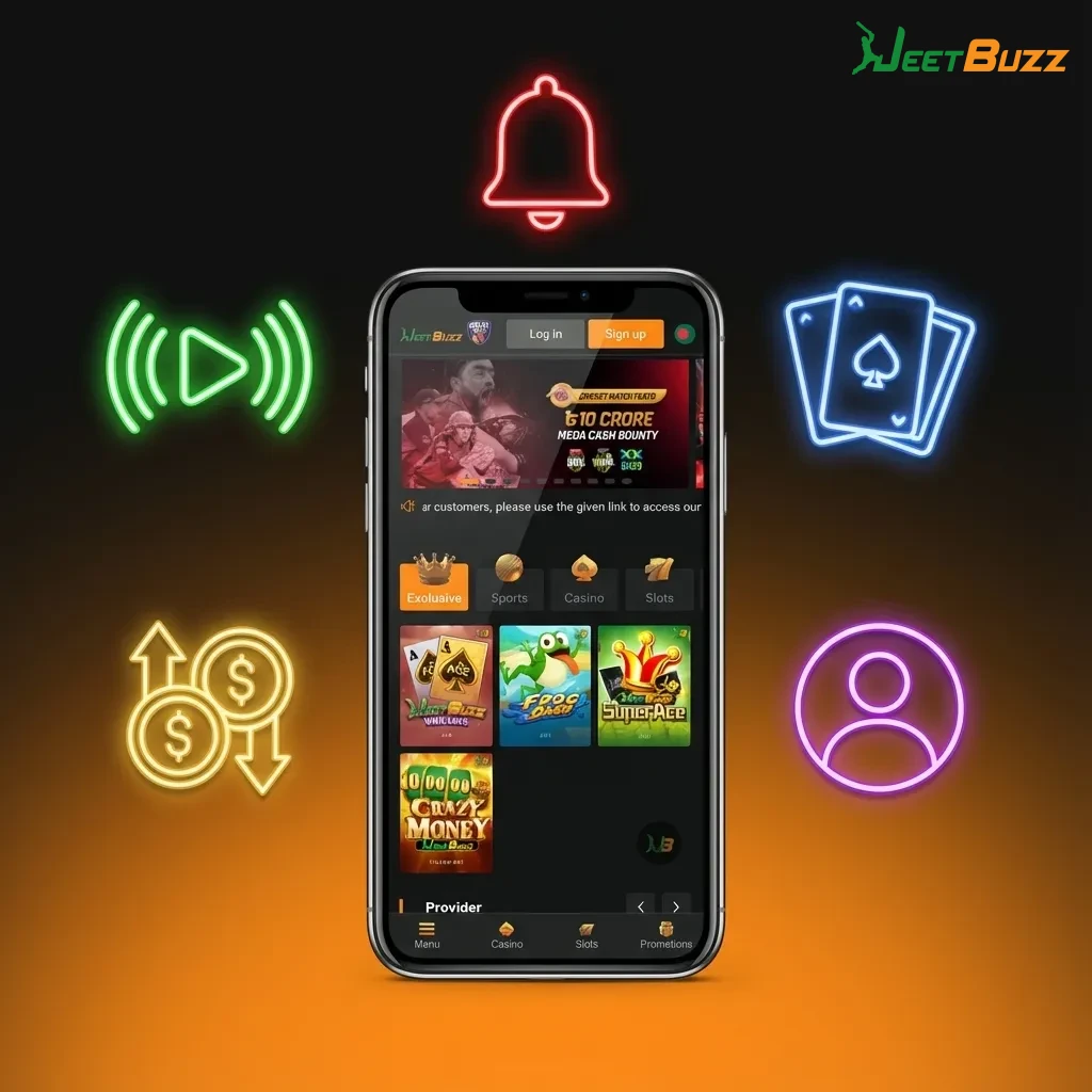 Graphic listing Jeetbuzz iOS app benefits: low storage, BDT payments, local methods, bonuses, sports, casino, and 24/7 support