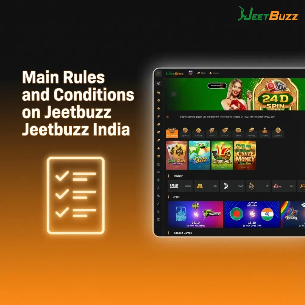 Graphic listing Jeetbuzz India rules: age 18+, valid region, one account, accurate details, bonus and withdrawal conditions.