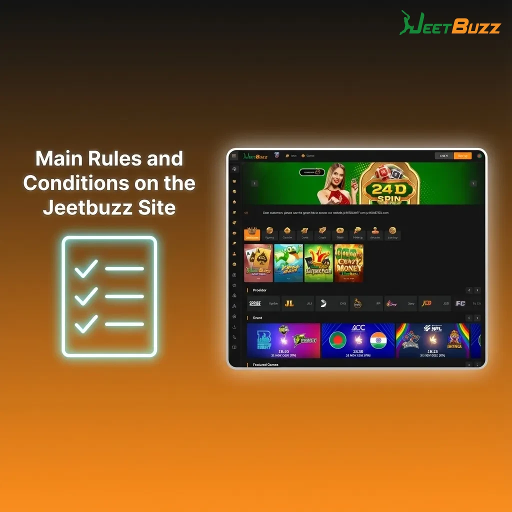Infographic titled “Main Rules and Conditions on the Jeetbuzz Site” listing age, account, bonus, bet, and verification rules.