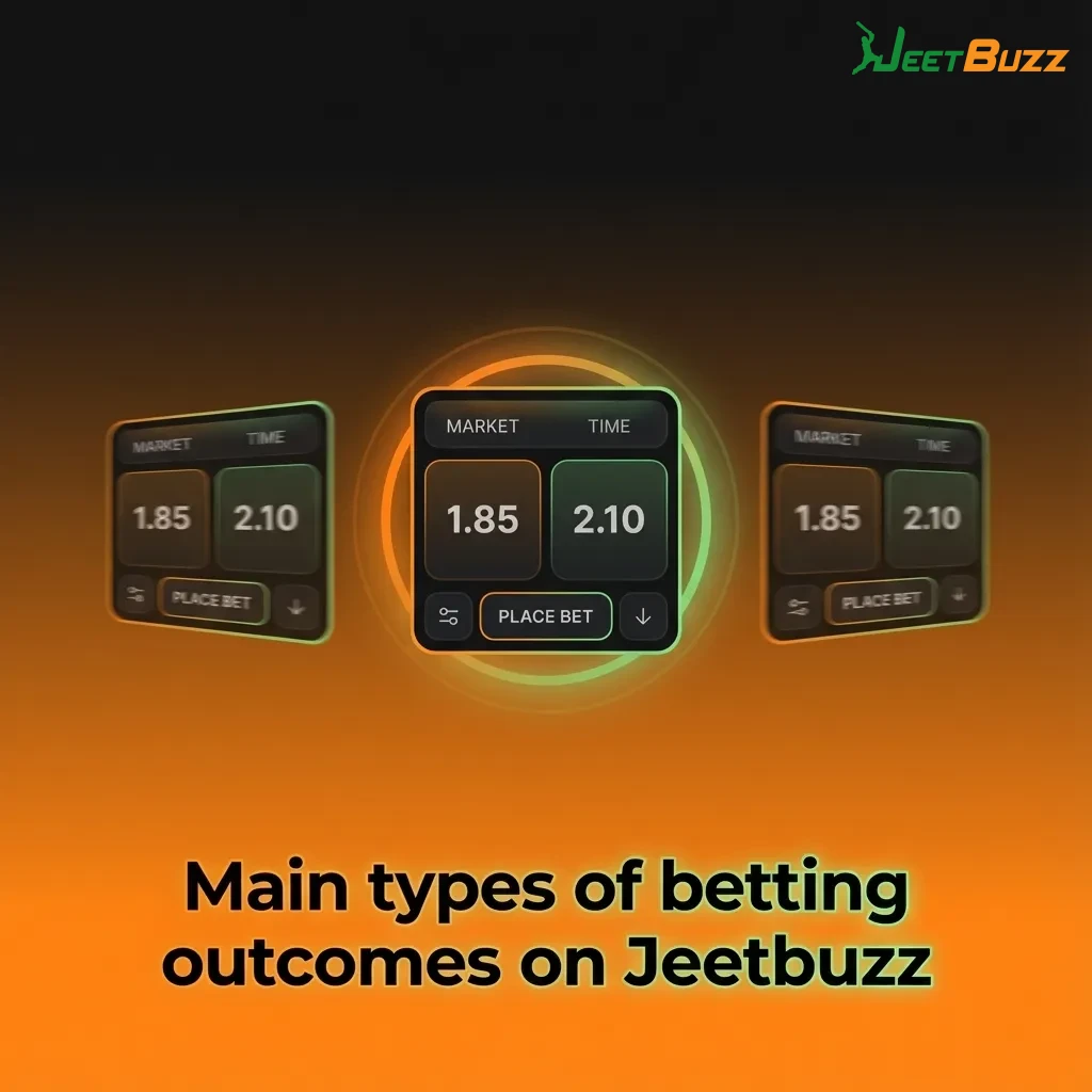 Infographic titled “Main types of betting outcomes on Jeetbuzz” listing 1X2, totals, handicap, BTTS, and player performance bets.