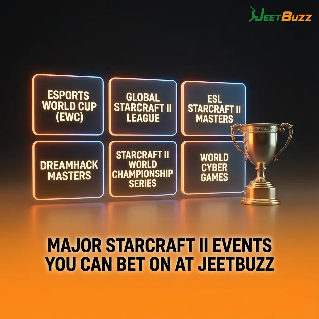 StarCraft II esports betting events list on Jeetbuzz, highlighting major tournaments and leagues for year-round wagers