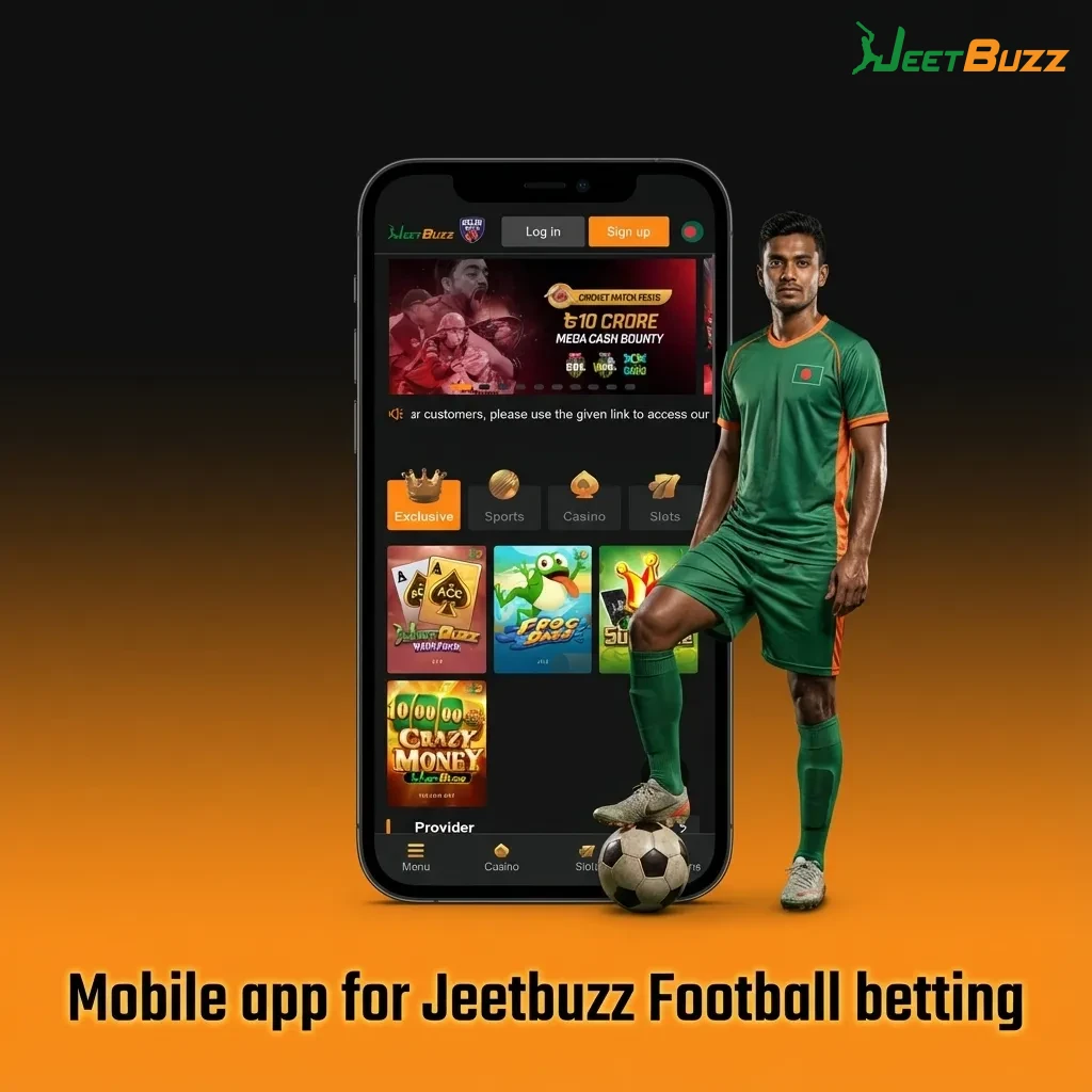 Person using Jeetbuzz football betting app on a smartphone, viewing live match odds and bet slip options