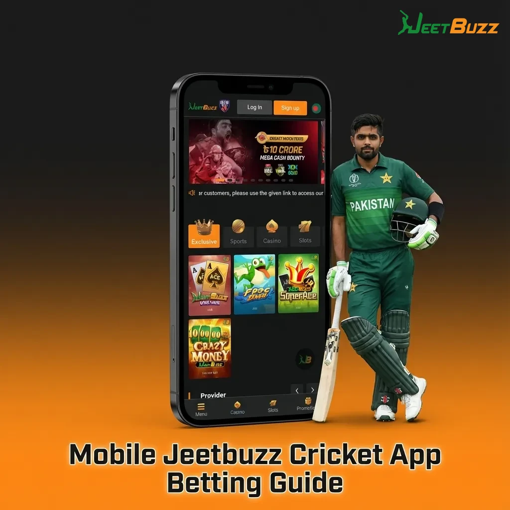 Smartphone showing Jeetbuzz cricket betting app with live odds, bet slip, and cashout options on a clean mobile interface