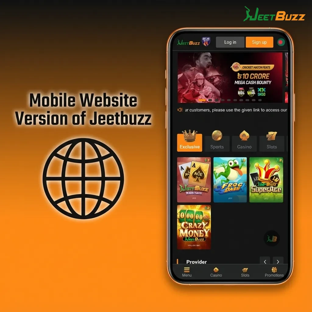 Smartphone showing Jeetbuzz mobile betting site with live odds, casino, payments, and one-hand navigation for Bangladesh users