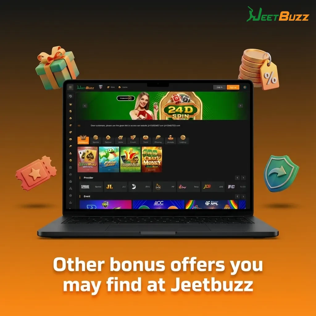Graphic summarizing Jeetbuzz bonus offers: reload bonuses, cashback, free bets, tournaments, and refer-a-friend rewards.