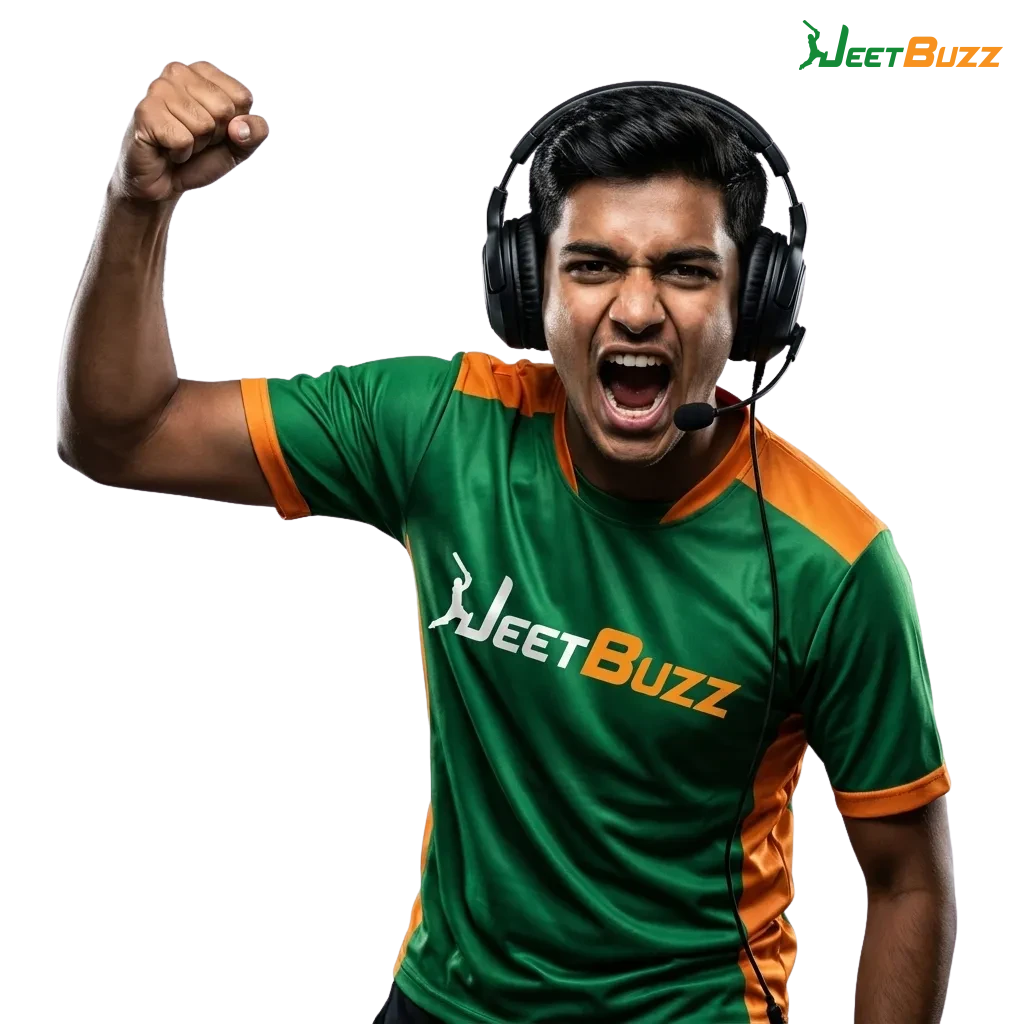 Jeetbuzz India esports betting banner with pro gamers, tournament icons, and bonus offers highlighted for new users