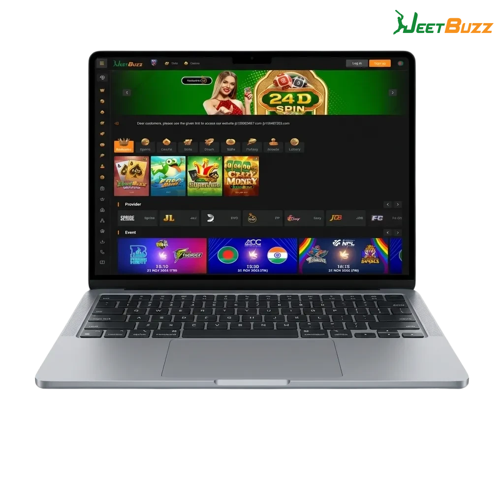 Jeetbuzz PC app interface on a desktop screen showing sports betting and casino games for Windows and macOS