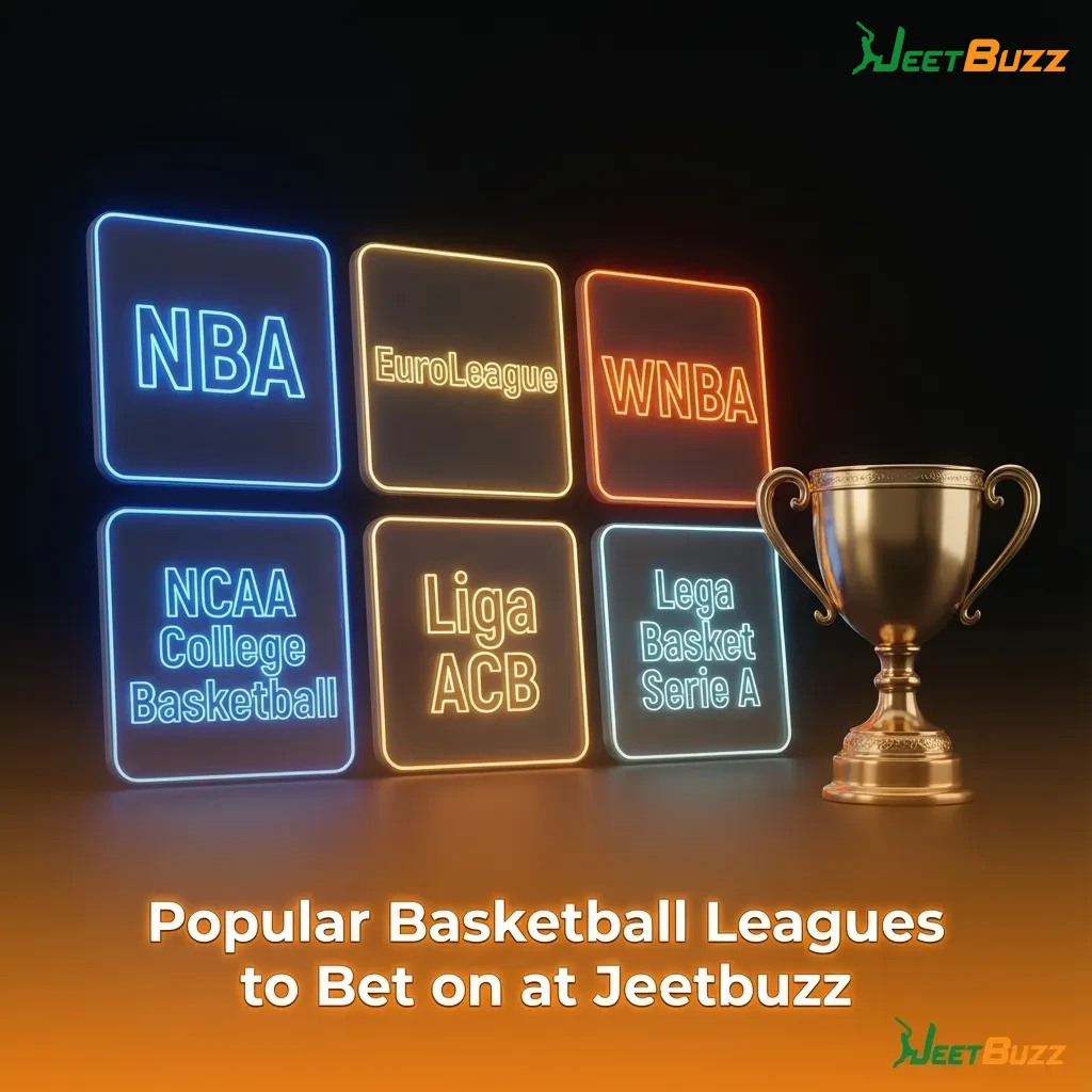 Graphic listing NBA, EuroLeague, FIBA World Cup, Olympics, NCAA and other basketball leagues to bet on at Jeetbuzz