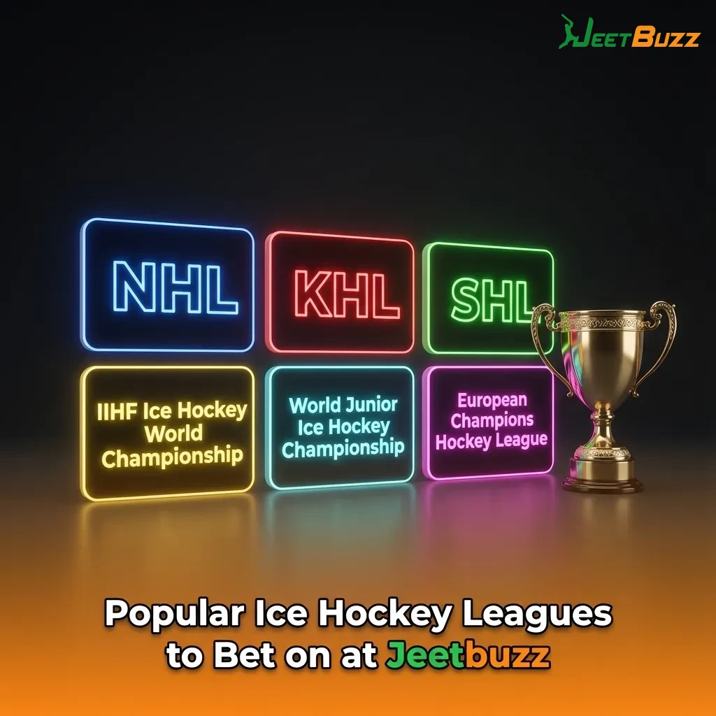 Graphic showing logos of major ice hockey leagues and tournaments available for betting on Jeetbuzz